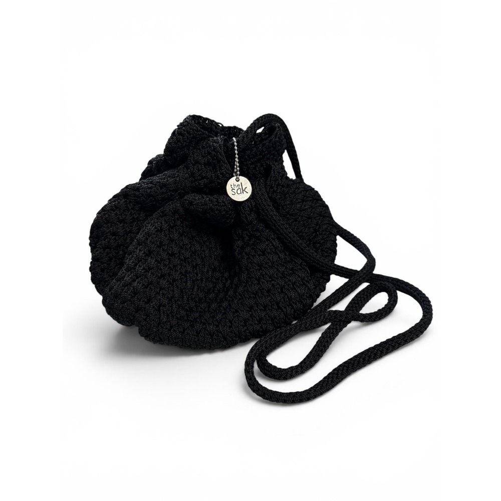 The Sak Black Boho Crochet Drawstring Bucket Bag